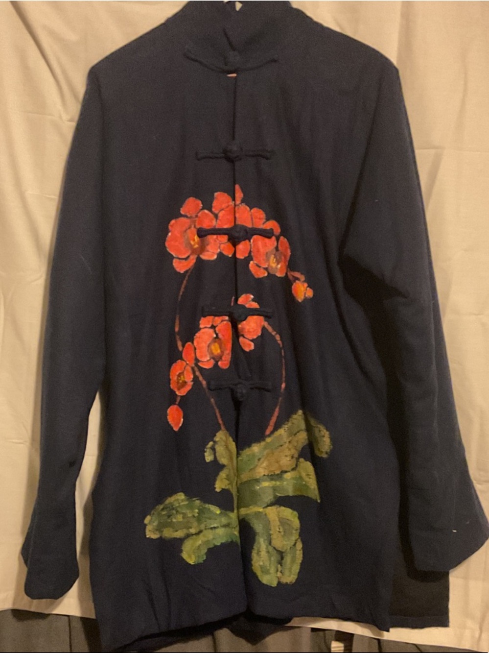 Women's hand-painted Navy top with mandarin collar and Red Floral Embroidery